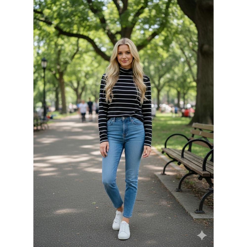Víctor Alfaro Blue Silver Striped Turtleneck Top Blouse Size S Excellent...